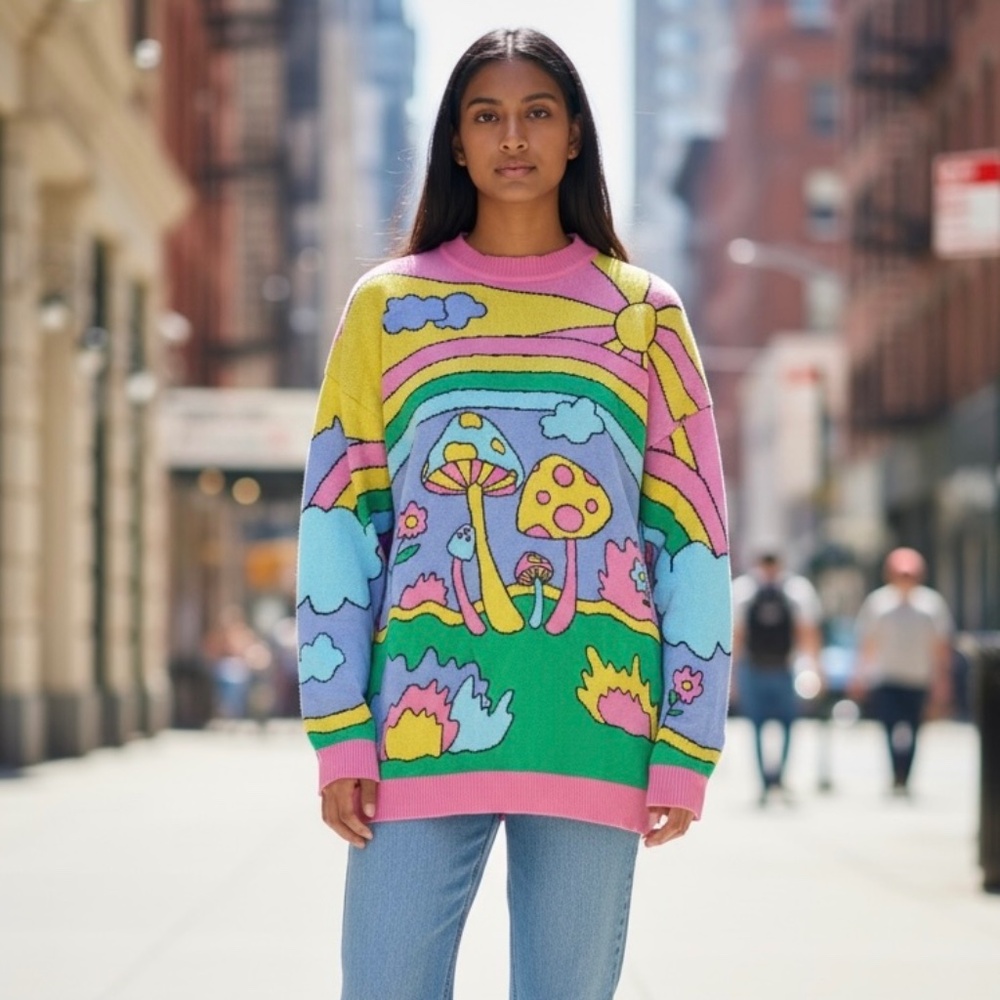 Current Mood Dolls Kill Oversized Psychedelic Fantasy Sweater Size M Cotton